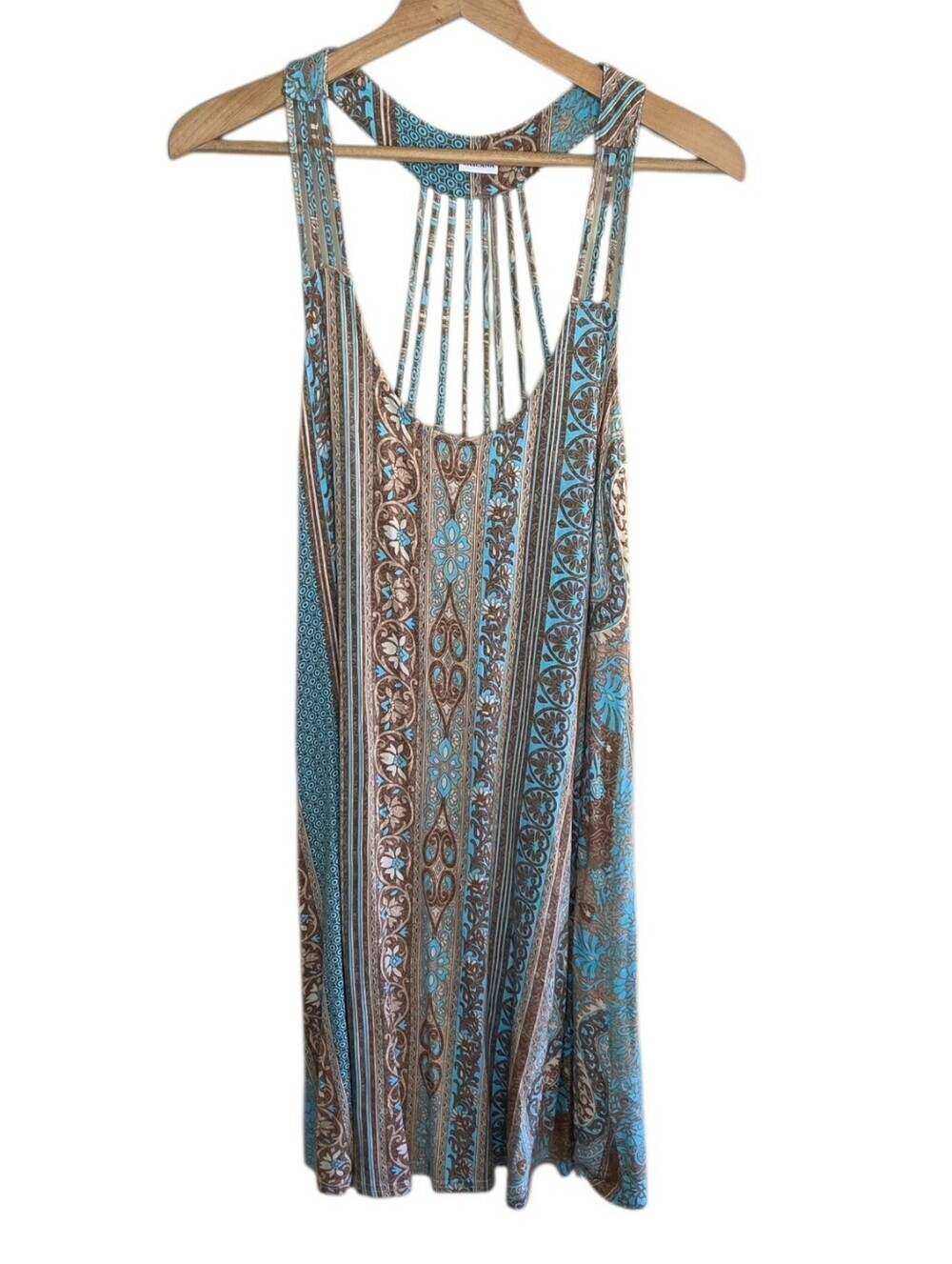 Lascana Turquoise Brown Tan Print Strappy Detail Scoop Neck Dress Size 10